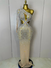 Stock 2025 Women Sexy One Shoulder Hollow Out Big Crystal Bodycon Long Dress Celebrate Nightclub Party Bar Singer Birthday Dress